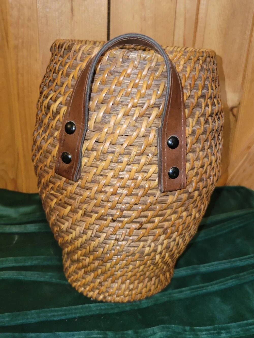 Vintage Lidded Rattan Urn Basket Floor Vase w/ Leather Handles Boho
